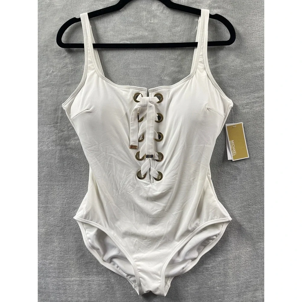 Michael Kors One Piece Swimsuit Women White NWT Lace Up Grommet Sz 16 $